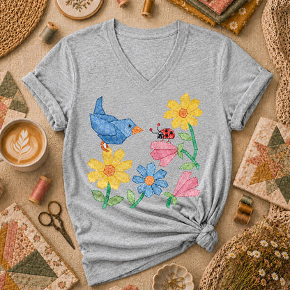 Patchwork Bluebird Wildflowers Ladybug - Sport Grey