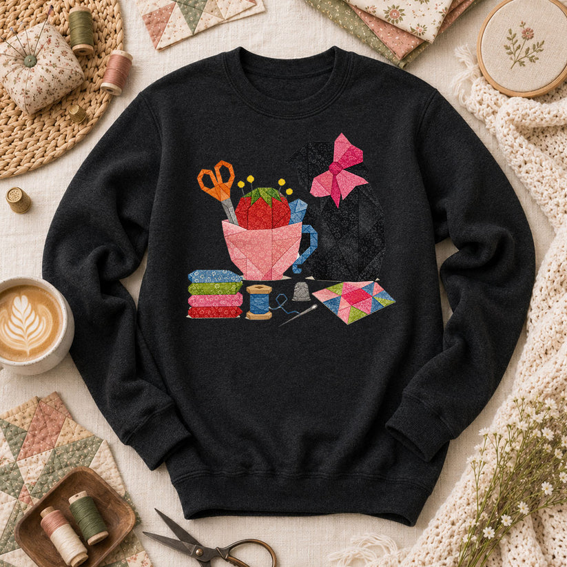 Elegant Black Cat Pink Bow Sewing - Black