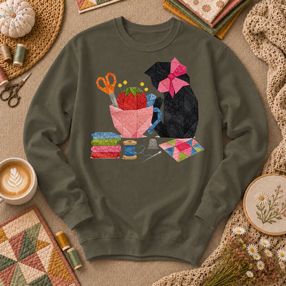 Elegant Black Cat Pink Bow Sewing - Military Green