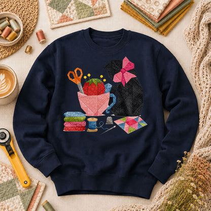 Elegant Black Cat Pink Bow Sewing - Navy