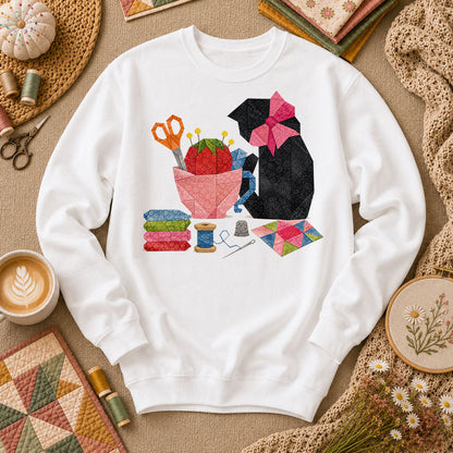 Elegant Black Cat Pink Bow Sewing - White
