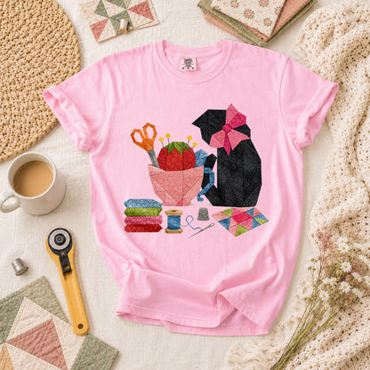 Elegant Black Cat Pink Bow Sewing - Blossom
