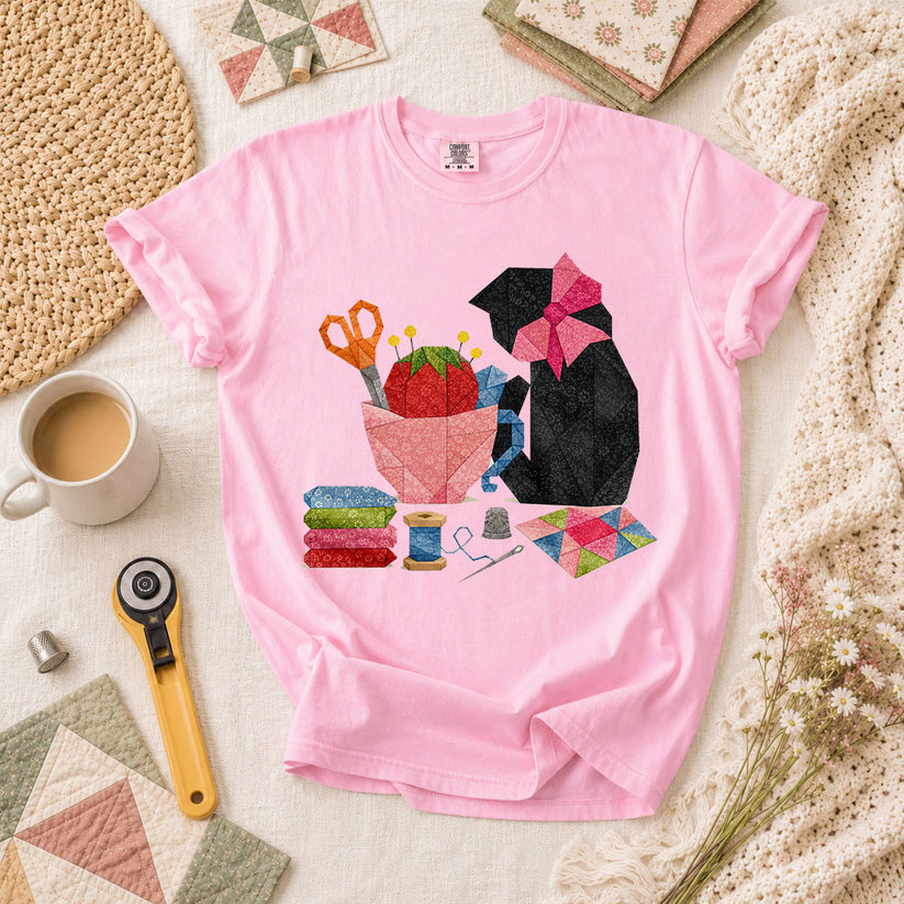 Elegant Black Cat Pink Bow Sewing - Blossom