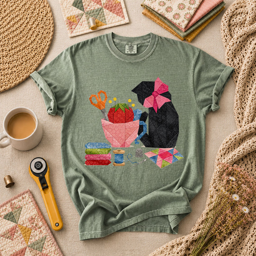 Elegant Black Cat Pink Bow Sewing - Forest