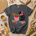 Elegant Black Cat Pink Bow Sewing T-Shirt