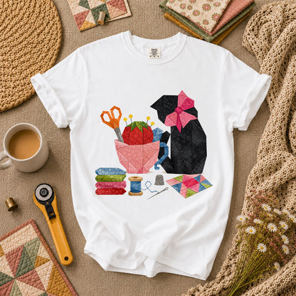 Elegant Black Cat Pink Bow Sewing - White