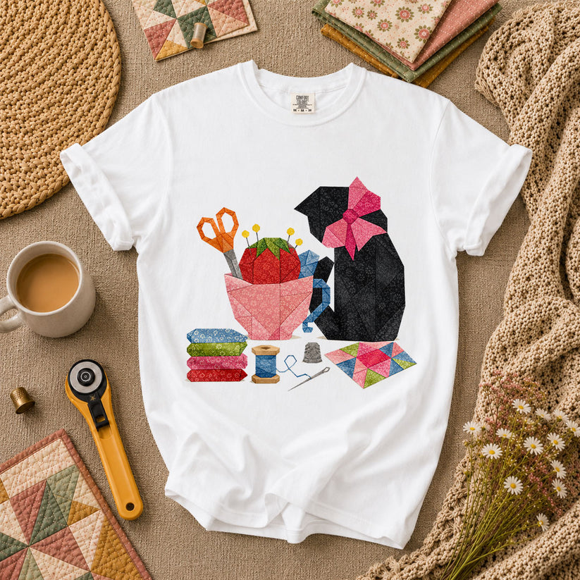 Elegant Black Cat Pink Bow Sewing - White