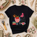 Elegant Black Cat Pink Bow Sewing Women's V-Neck