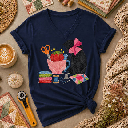 Elegant Black Cat Pink Bow Sewing - Navy