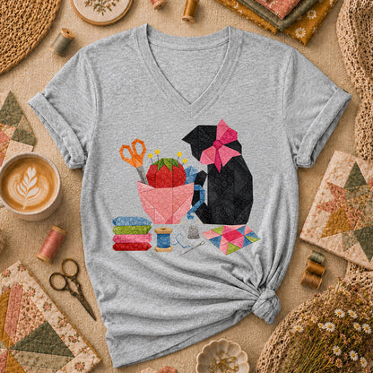 Elegant Black Cat Pink Bow Sewing - Sport Grey