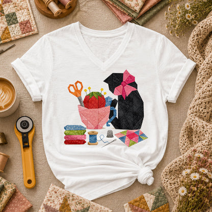 Elegant Black Cat Pink Bow Sewing - White