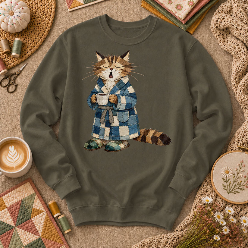 Cozy Cat Robe Morning Coffee - Military Green