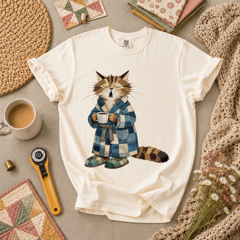 Cozy Cat Robe Morning Coffee - Ivory