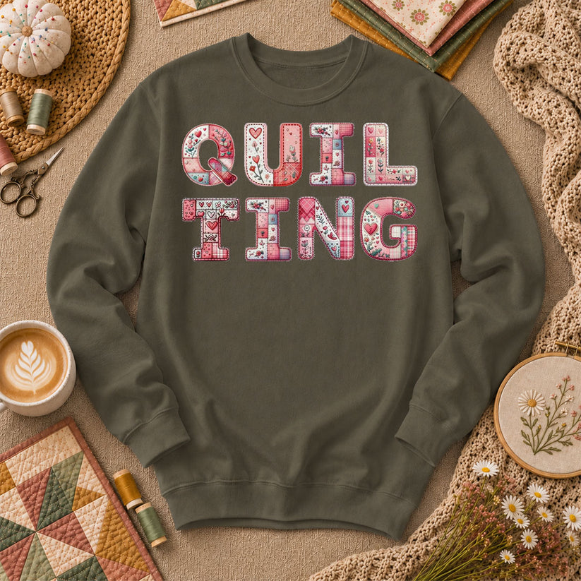 QUILTING Floral Typography Hearts - Military Green