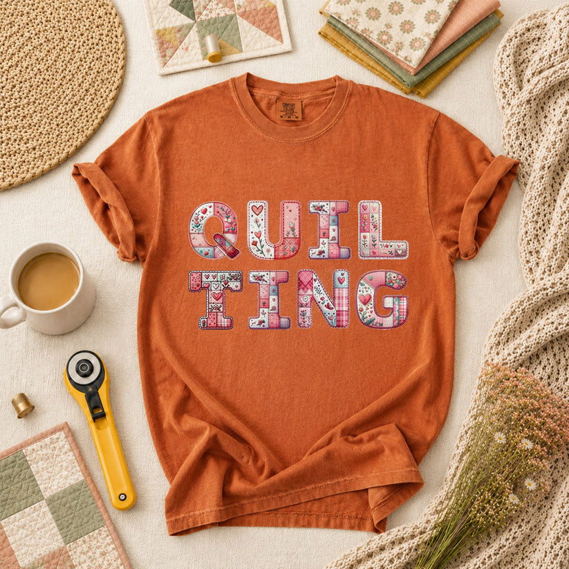 QUILTING Floral Typography Hearts - Yam