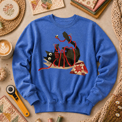 Playful Black Cat Red Ribbon - Heather True Royal