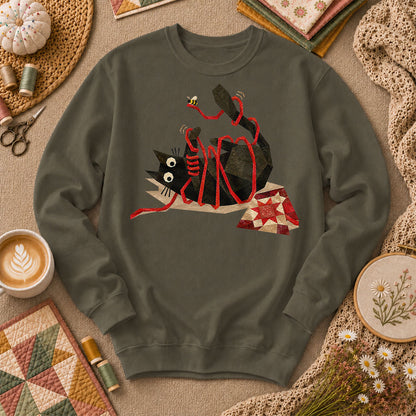 Playful Black Cat Red Ribbon - Military Green