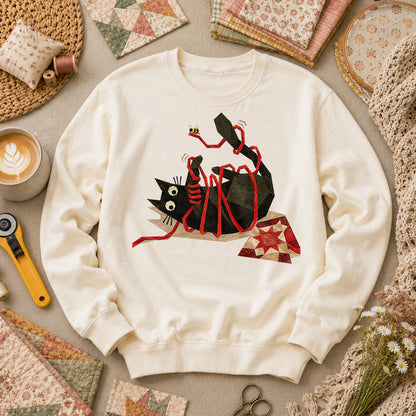 Playful Black Cat Red Ribbon - Natural