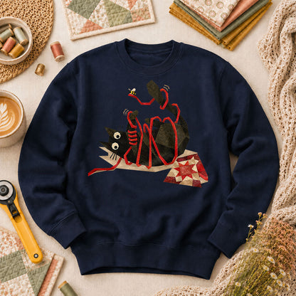 Playful Black Cat Red Ribbon - Navy