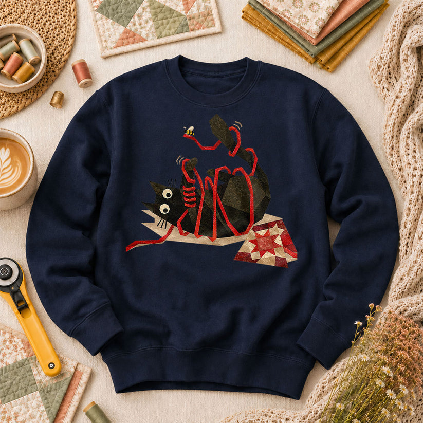 Playful Black Cat Red Ribbon - Navy