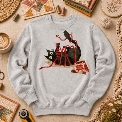 Playful Black Cat Red Ribbon - Sport Grey