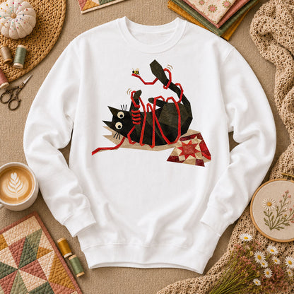 Playful Black Cat Red Ribbon - White