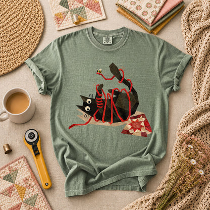 Playful Black Cat Red Ribbon - Forest