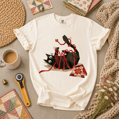 Playful Black Cat Red Ribbon - Ivory