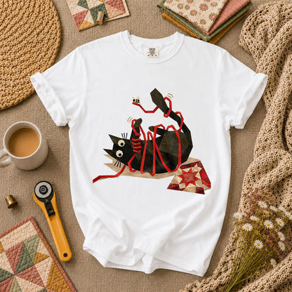 Playful Black Cat Red Ribbon - White
