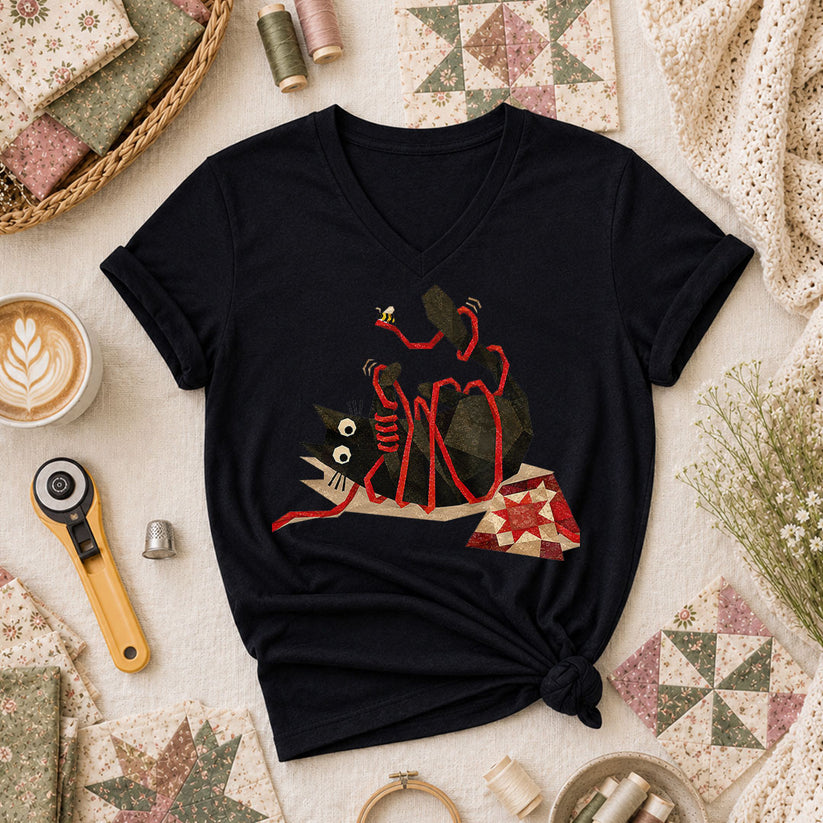 Playful Black Cat Red Ribbon - Black