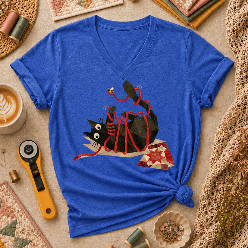 Playful Black Cat Red Ribbon - Heather True Royal