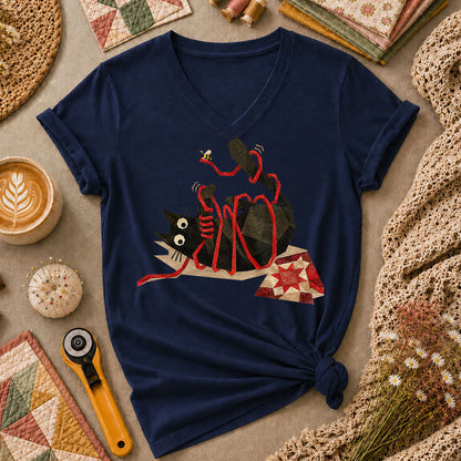 Playful Black Cat Red Ribbon - Navy