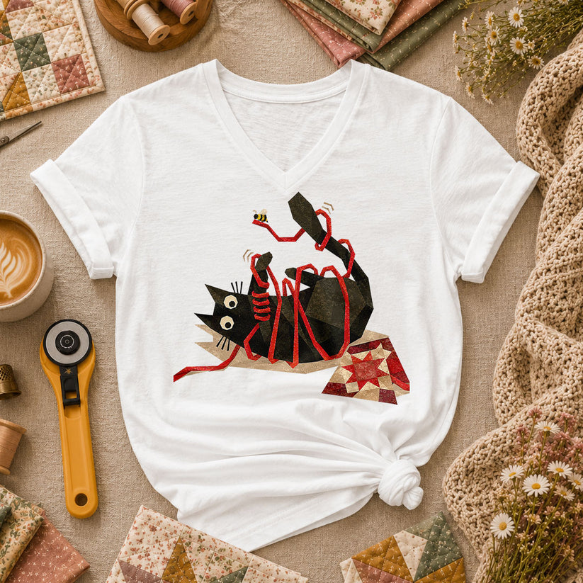 Playful Black Cat Red Ribbon - White