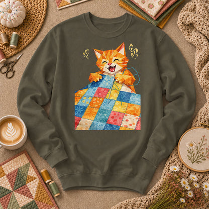 Happy Ginger Cat Patchwork Quilt - Military Green