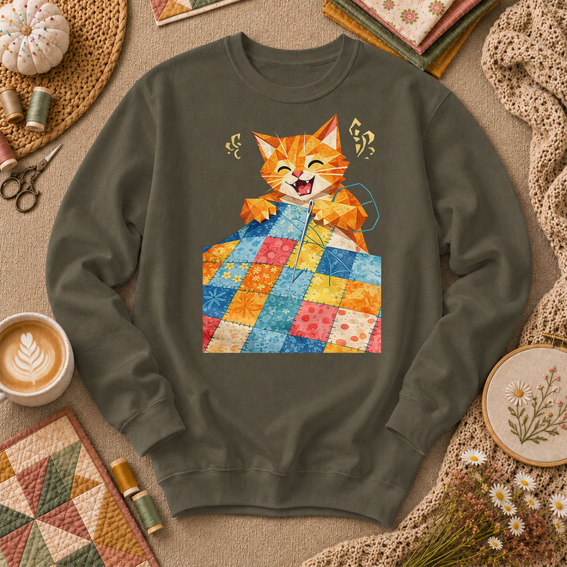 Happy Ginger Cat Patchwork Quilt - Military Green