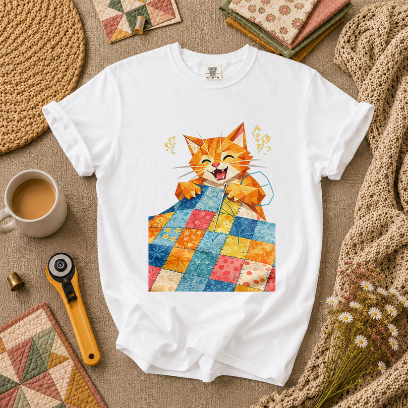 Happy Ginger Cat Patchwork Quilt - White