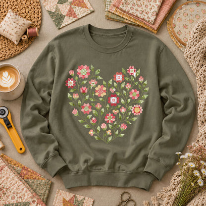 Floral Heart Quilt - Military Green