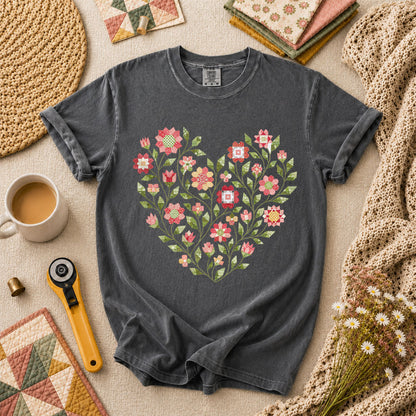 Floral Heart Quilt T-Shirt - Grey