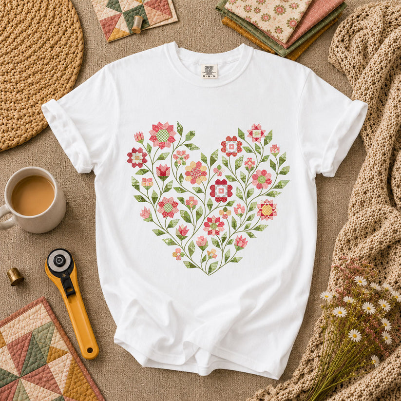 Floral Heart Quilt T-Shirt - White