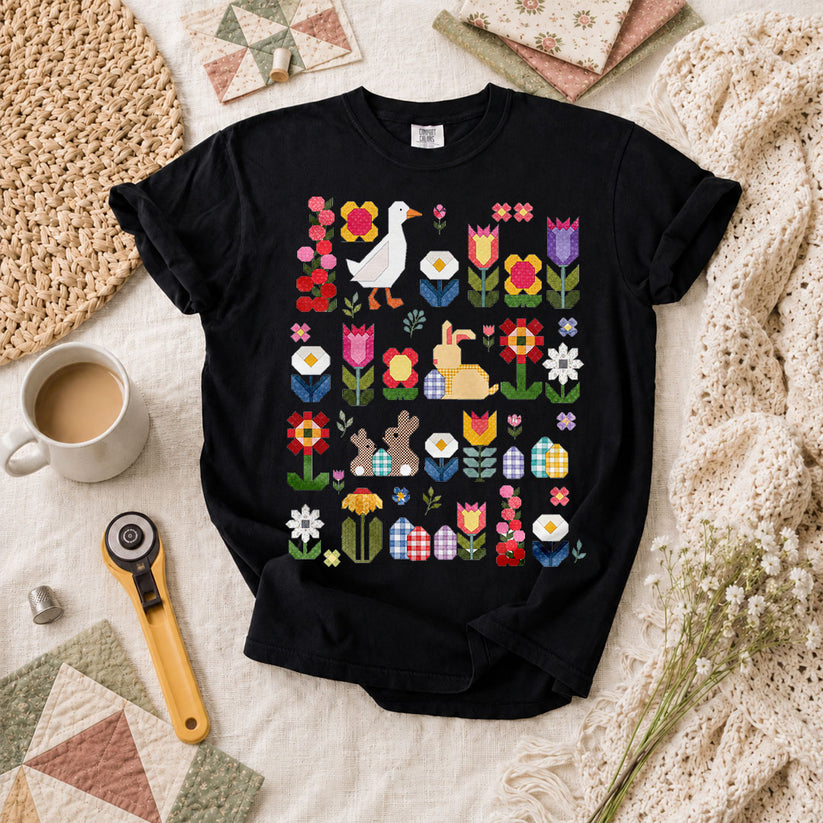 Spring Garden Patchwork Collage T-Shirt - Black