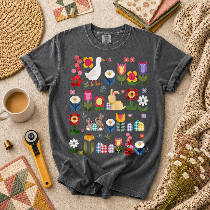 Spring Garden Patchwork Collage T-Shirt - Grey
