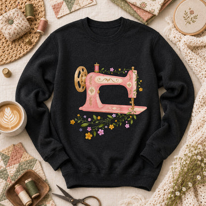 Vintage Pink Sewing Machine Floral - Black