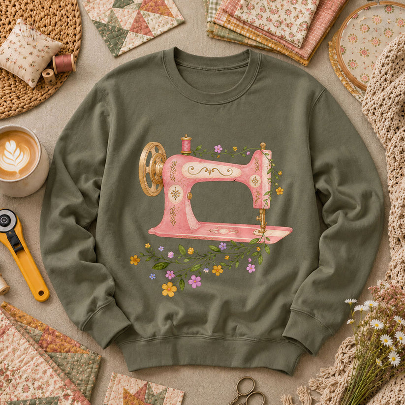 Vintage Pink Sewing Machine Floral - Military Green