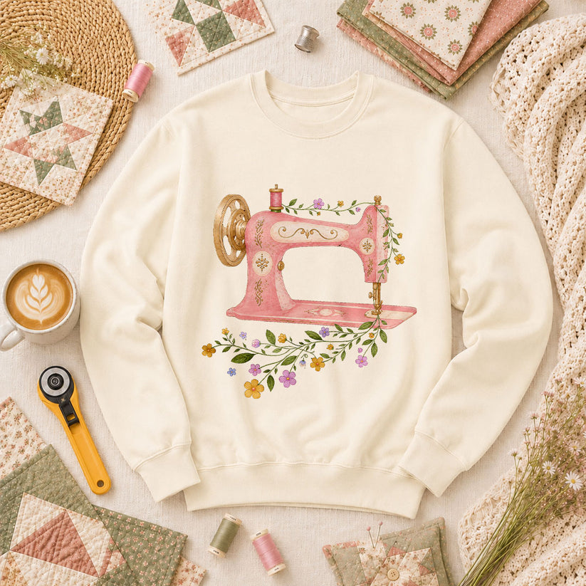 Vintage Pink Sewing Machine Floral - Natural