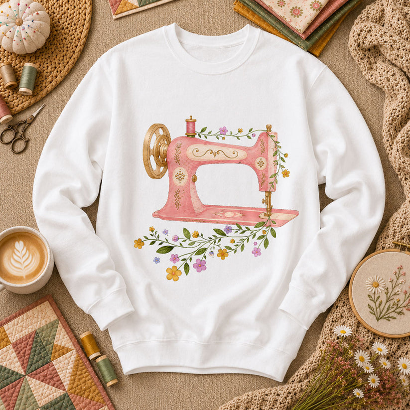 Vintage Pink Sewing Machine Floral - White