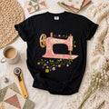 Vintage Pink Sewing Machine Floral T-Shirt | Watercolor Pink Sewing Machine Wildflowers Quilter Tee