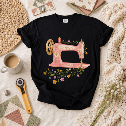 Vintage Pink Sewing Machine Floral T-Shirt - Black