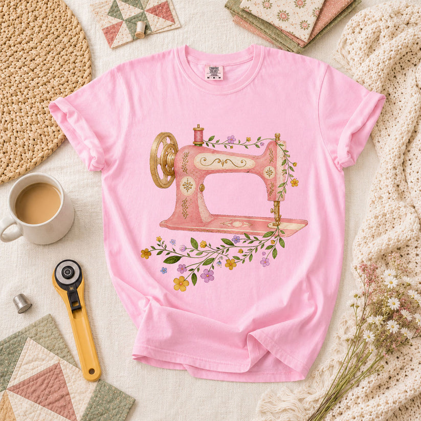 Vintage Pink Sewing Machine Floral T-Shirt - Blossom