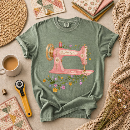 Vintage Pink Sewing Machine Floral T-Shirt - Forest