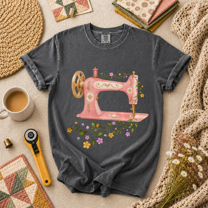 Vintage Pink Sewing Machine Floral T-Shirt - Grey